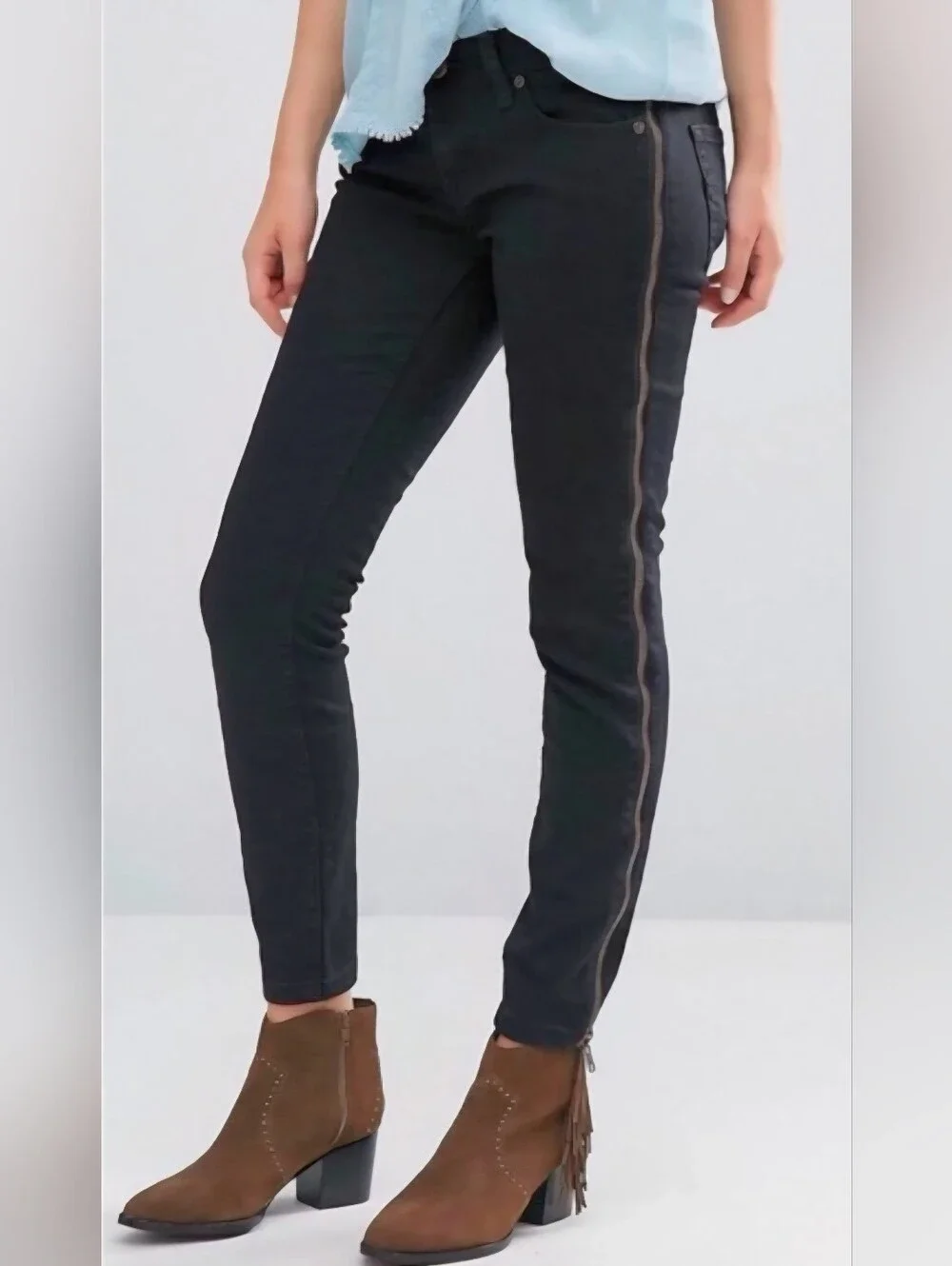 FREE PEOPLE BLACK SKINNY SIDE LEG ZIPPER JEANS, 26